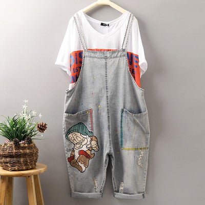 Cartoon Embroidery Hanging Loose Harem Jumpsuit Nov 2020-New Arrival One Size Light Gray 