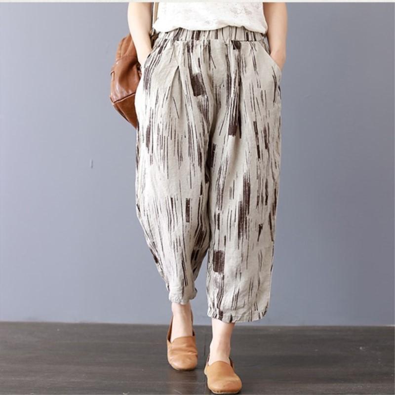Casual Linen Striped Wide Leg Harem Pants 2019 April New One Size Coffee 