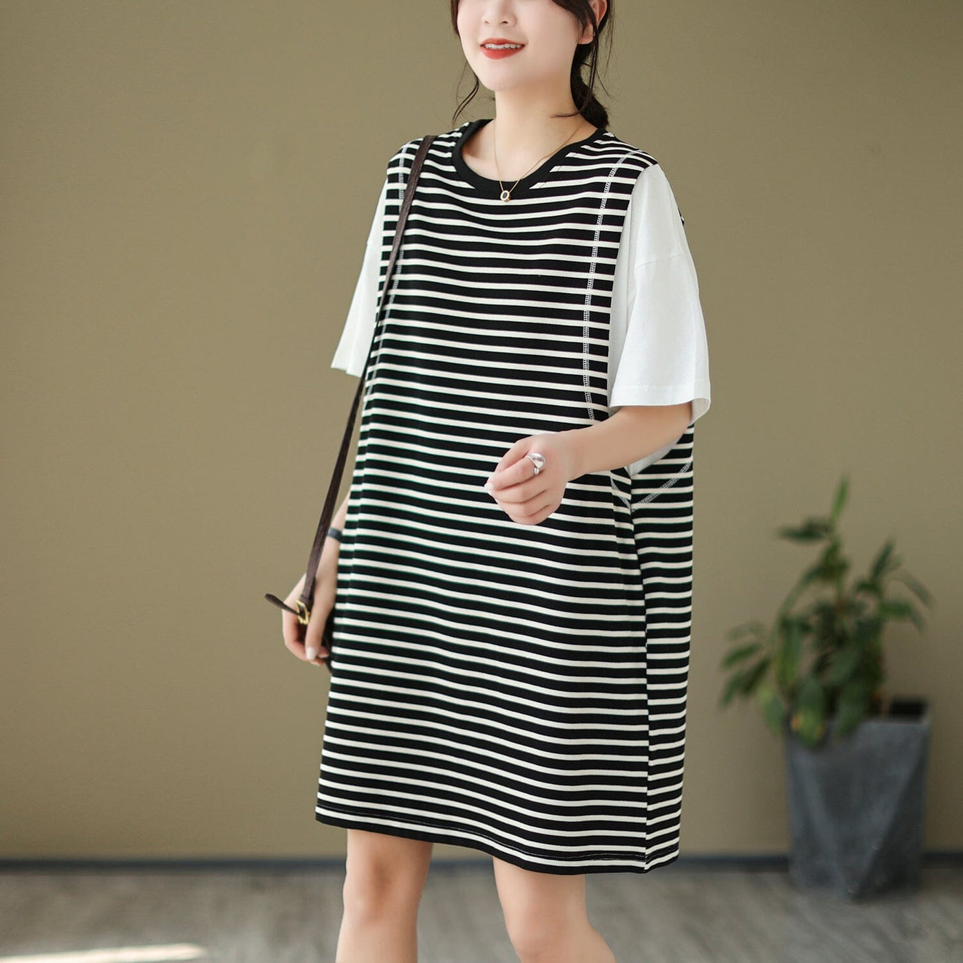 Casual Loose Stripe Summer Mini Dress May 2023 New Arrival One Size Black 