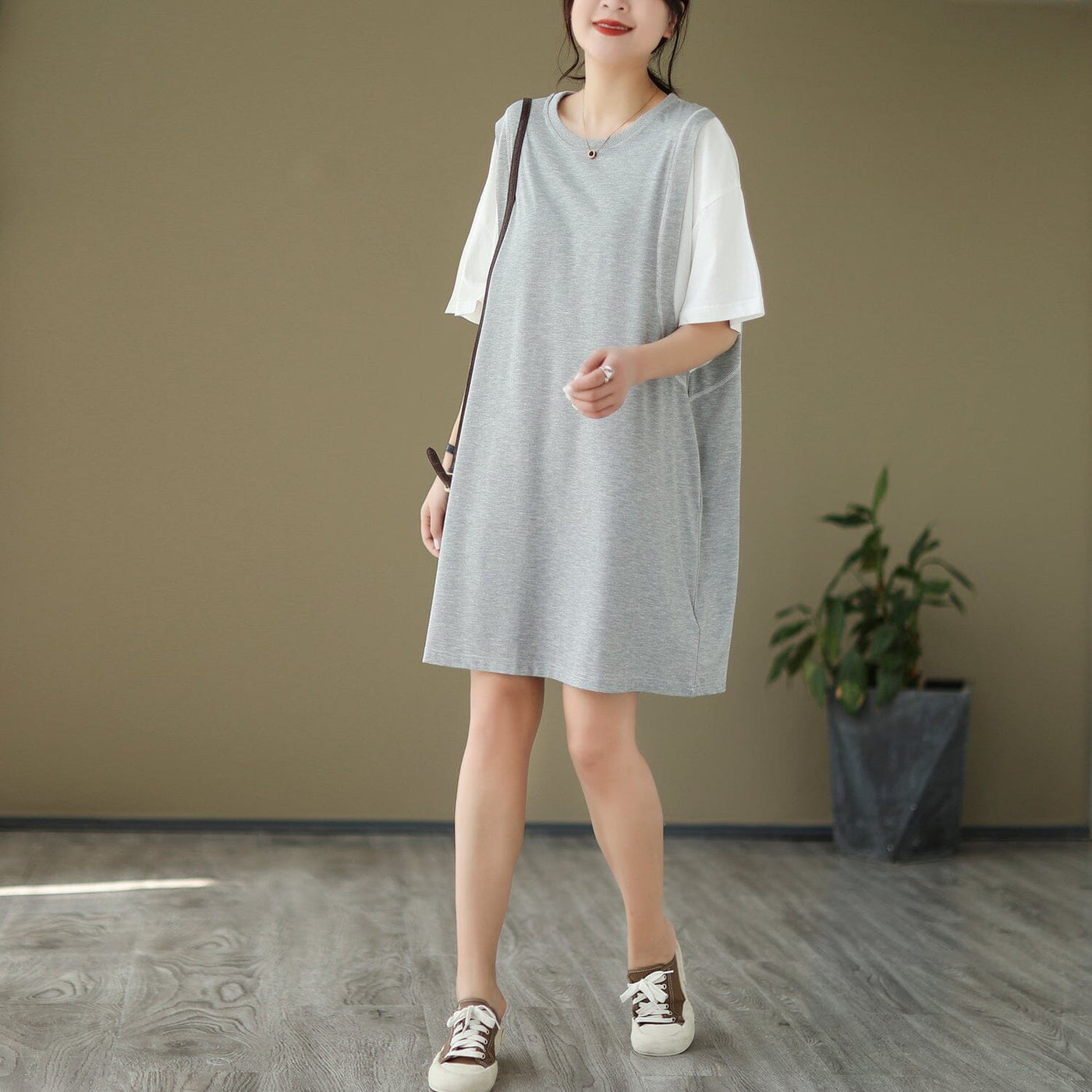 Casual Loose Stripe Summer Mini Dress May 2023 New Arrival One Size Gray 