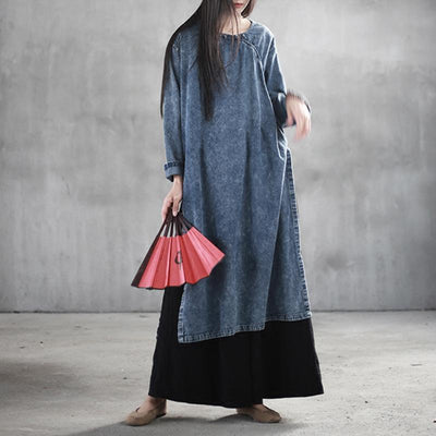 Chinese Style Denim Retro Large Size Buckle Long Sleeve Dress 2019 Jun New 