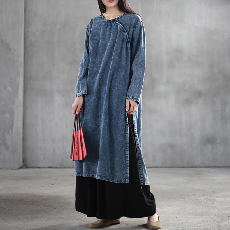 Chinese Style Denim Retro Large Size Buckle Long Sleeve Dress – Babakud