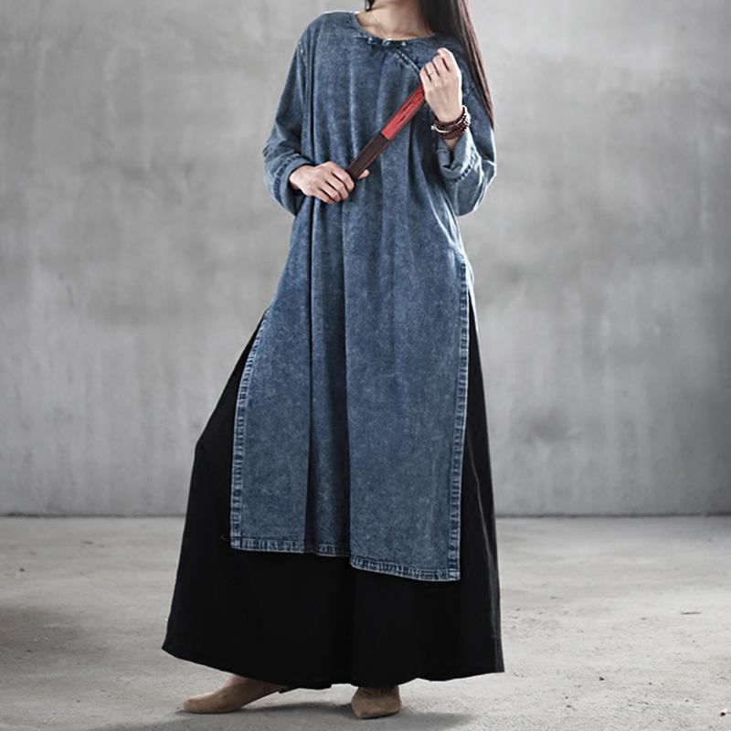Chinese Style Denim Retro Large Size Buckle Long Sleeve Dress 2019 Jun New 