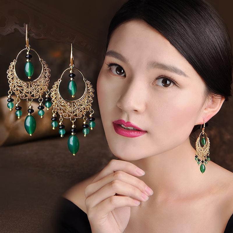 Chinese Style Tassels Agate Long Earrings Women