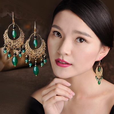 Chinese Style Tassels Agate Long Earrings Women Jewelry 