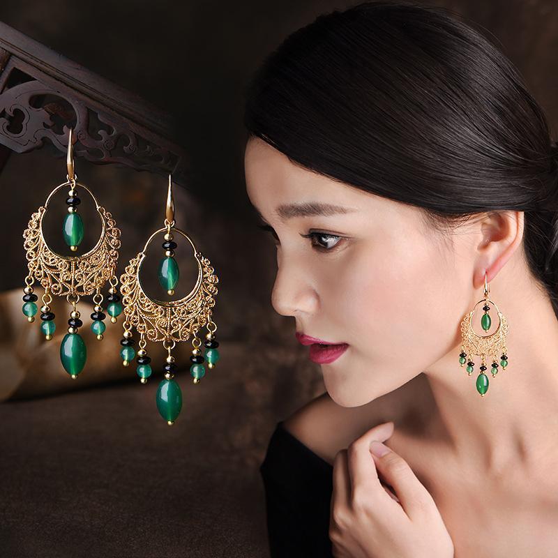 Chinese Style Tassels Agate Long Earrings Women