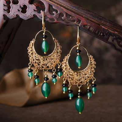 Chinese Style Tassels Agate Long Earrings Women Jewelry One Size As Picture 