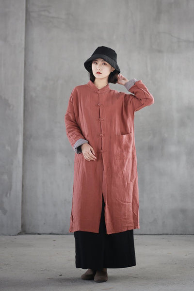 Chinoiserie Long Cardigan Women's Linen Collar Buttoned Trench Coat oct 