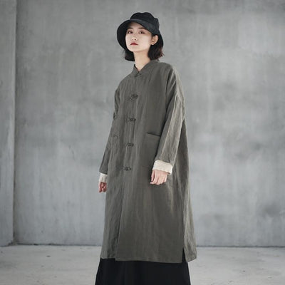 Chinoiserie Long Cardigan Women's Linen Collar Buttoned Trench Coat oct 