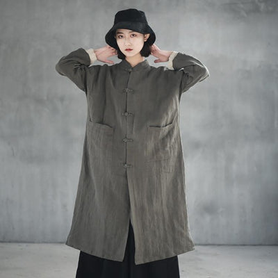 Chinoiserie Long Cardigan Women's Linen Collar Buttoned Trench Coat oct gray 