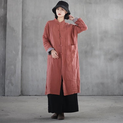 Chinoiserie Long Cardigan Women's Linen Collar Buttoned Trench Coat oct red 