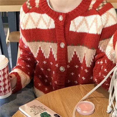 Christmas Retro All-match Thick Cardigan Sweater Dec 2020-New Arrival FREE SIZE RED 