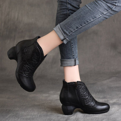 Chunky Heels Embossed Leather Biker Boots