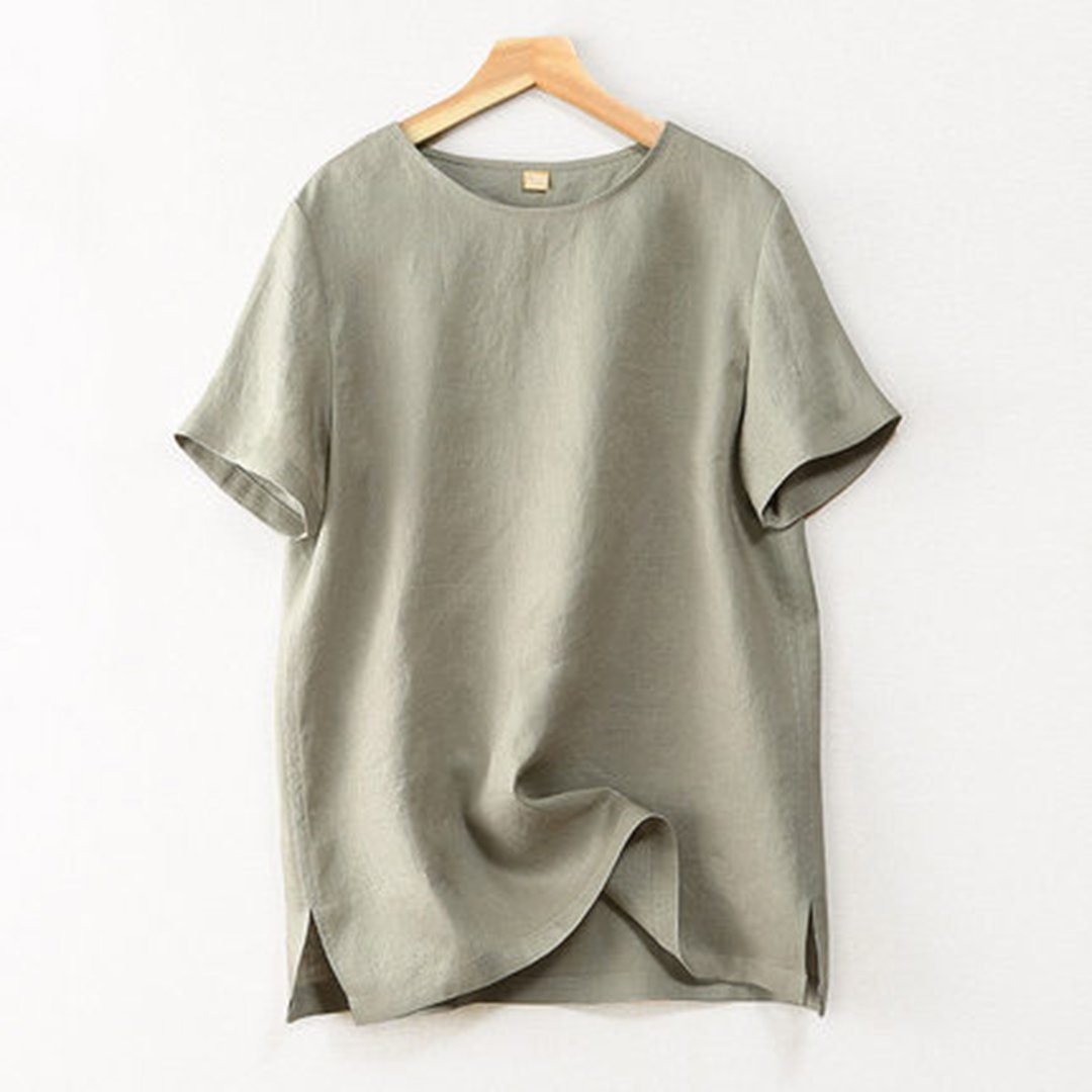 Classic Side Slits Linen T-shirt May 2020-New Arrival S Khaki Gray 