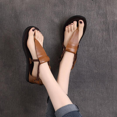 Clip Toe Buckle Flat Heel Handmade Leather Sandals June 2021 New-Arrival 