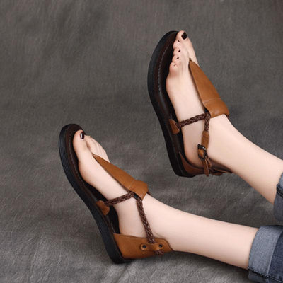 Clip Toe Buckle Flat Heel Handmade Leather Sandals June 2021 New-Arrival 35 Brown 