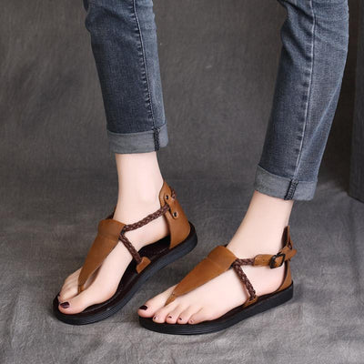 Clip Toe Buckle Flat Heel Handmade Leather Sandals