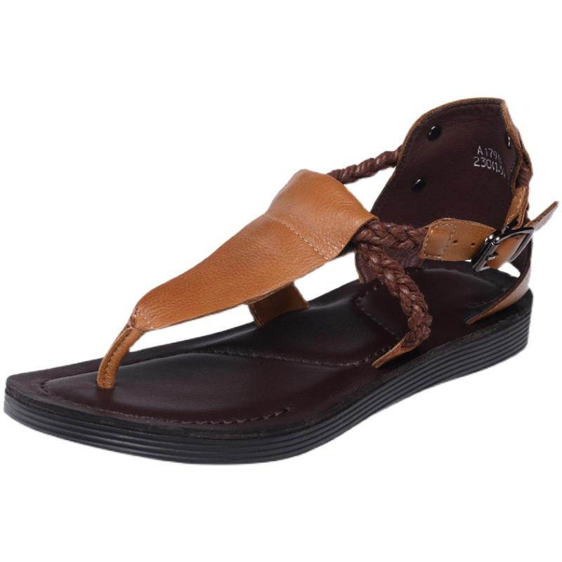 Clip Toe Buckle Flat Heel Handmade Leather Sandals