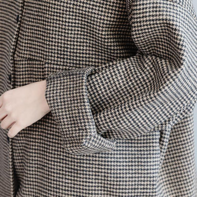 Coffee Plaid Thick Loose Lapel Coat - Babakud