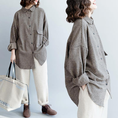 Coffee Plaid Thick Loose Lapel Coat - Babakud