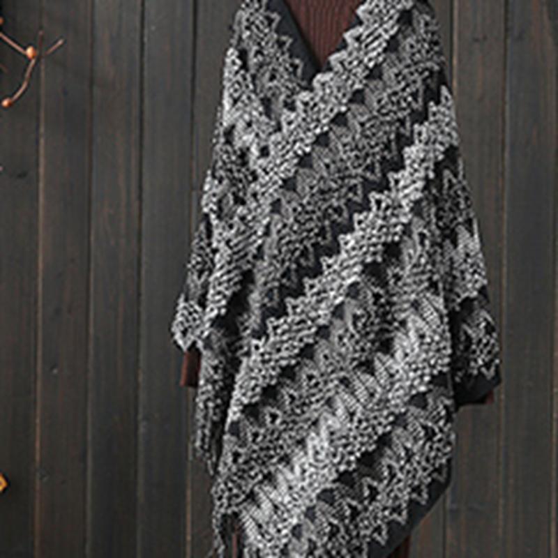 Contrast Color Cutout Fringed Shawl Sweater August 2020-New Arrival 
