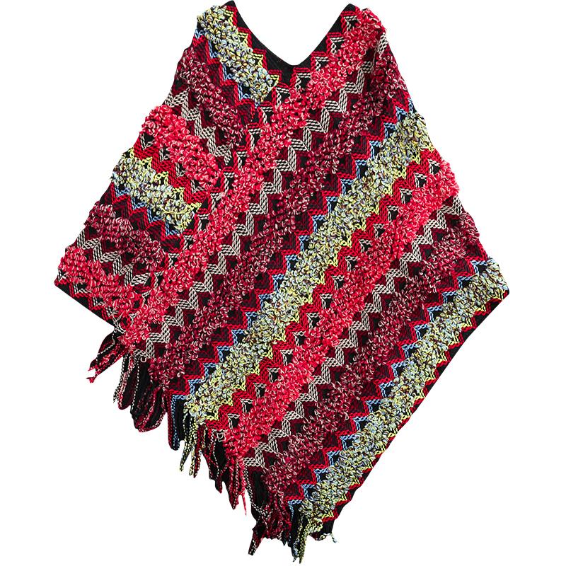 Contrast Color Cutout Fringed Shawl Sweater