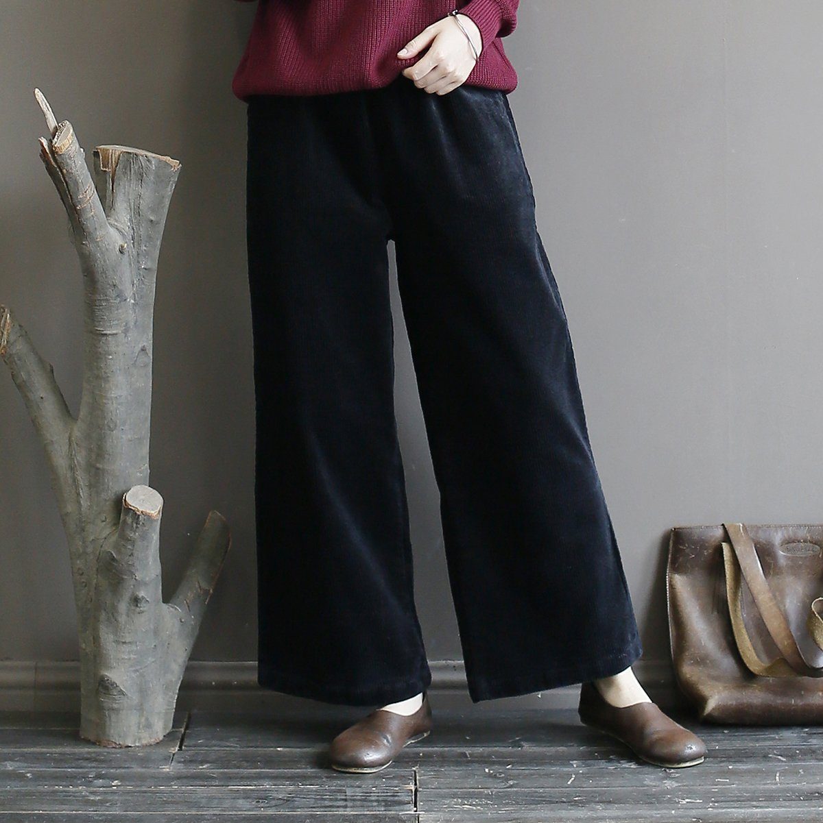 Corduroy Casual Wide Leg Pants Spring March-2020-New Arrival M Black 
