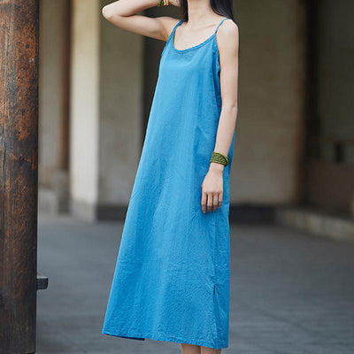Cotton And Linen Loose Camisole Long Skirt May 2021 New-Arrival One Size Blue 