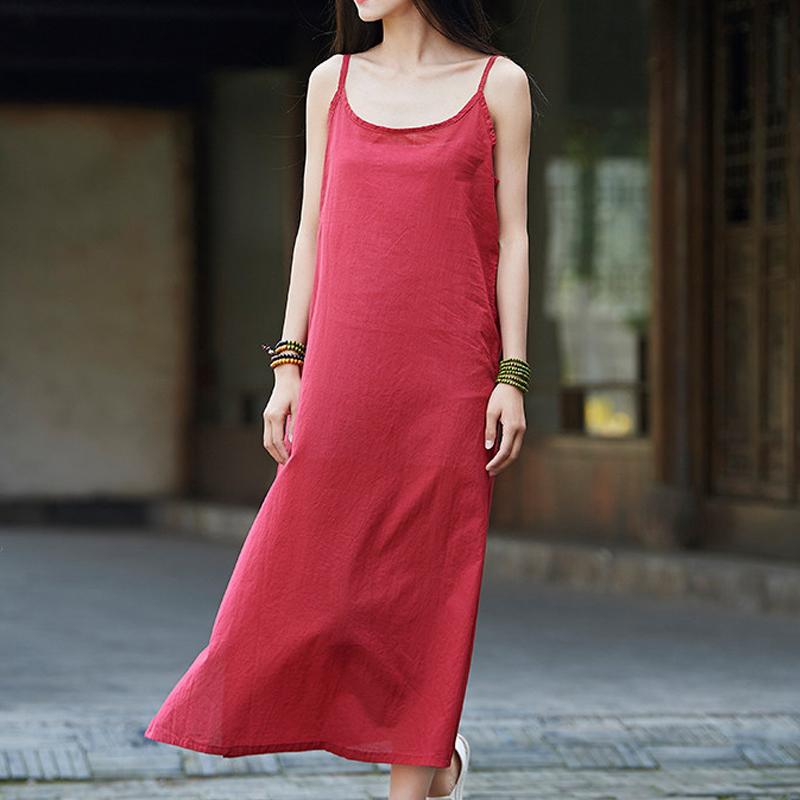 Cotton And Linen Loose Camisole Long Skirt May 2021 New-Arrival One Size Wine Red 
