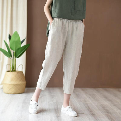 Cotton And Linen Women's Casual Cropped Pants Radish Pants June 2020-New Arrival Beige S 