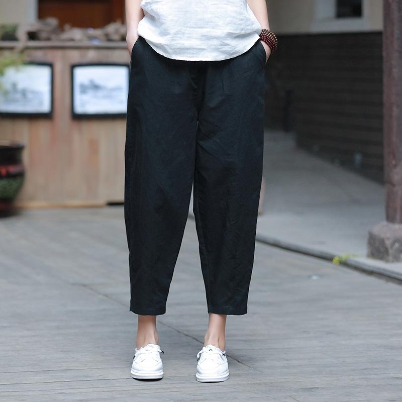 Cotton And Linen Women's Casual Cropped Pants Radish Pants June 2020-New Arrival Black S 