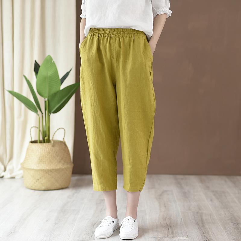 Cotton And Linen Women's Casual Cropped Pants Radish Pants June 2020-New Arrival Yellow S 