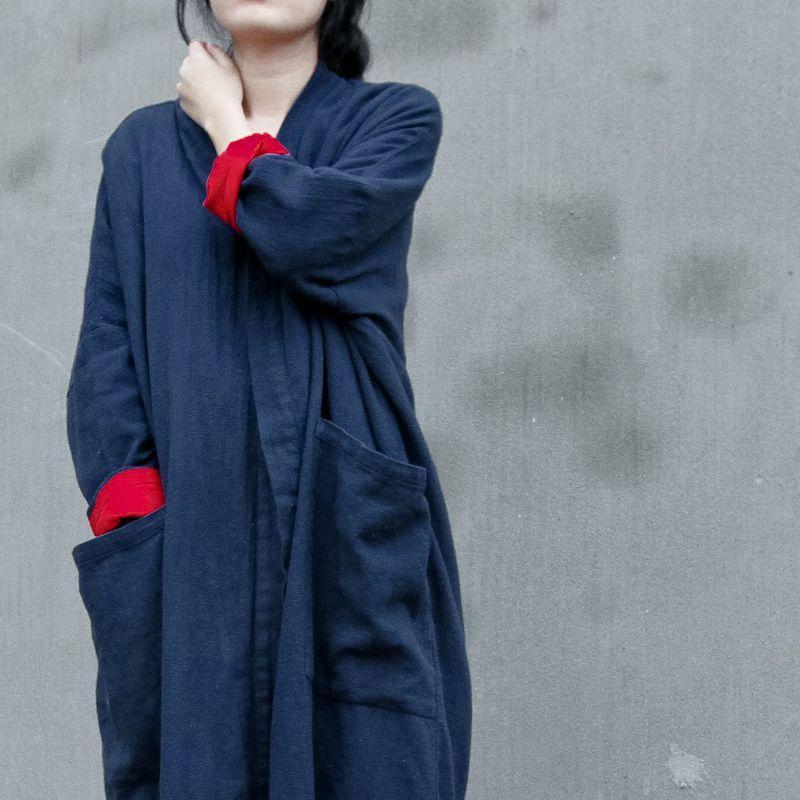 Cotton And Linen Women's Loose Cardigan Wild Long Coat 2019 April New One Size Deep Blue 