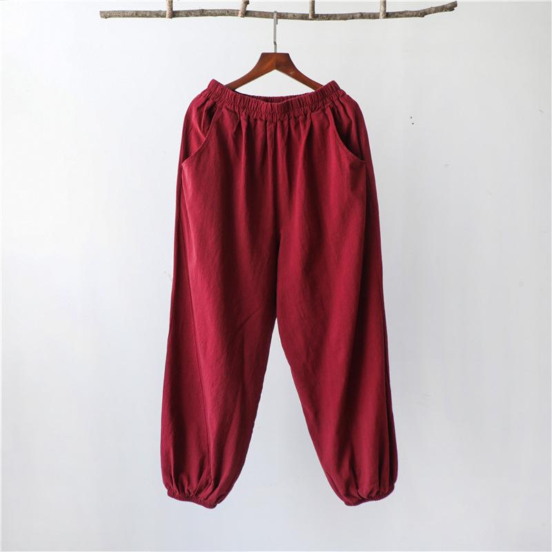 Cotton And Linen Women's Loose Stitching Casual Bloomers May 2021 New-Arrival One Size Red 