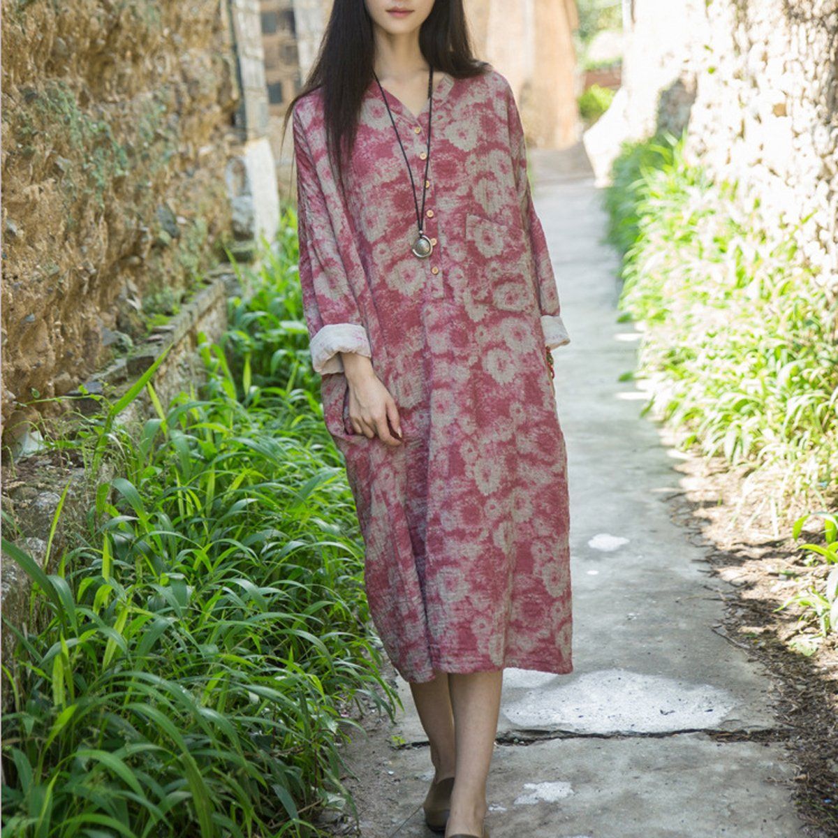 Cotton Linen Casual Loose Fitting Floral Dress Red / Blue