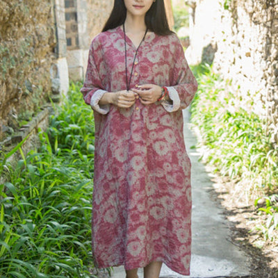 Cotton Linen Casual Loose Fitting Floral Dress Red / Blue - Babakud