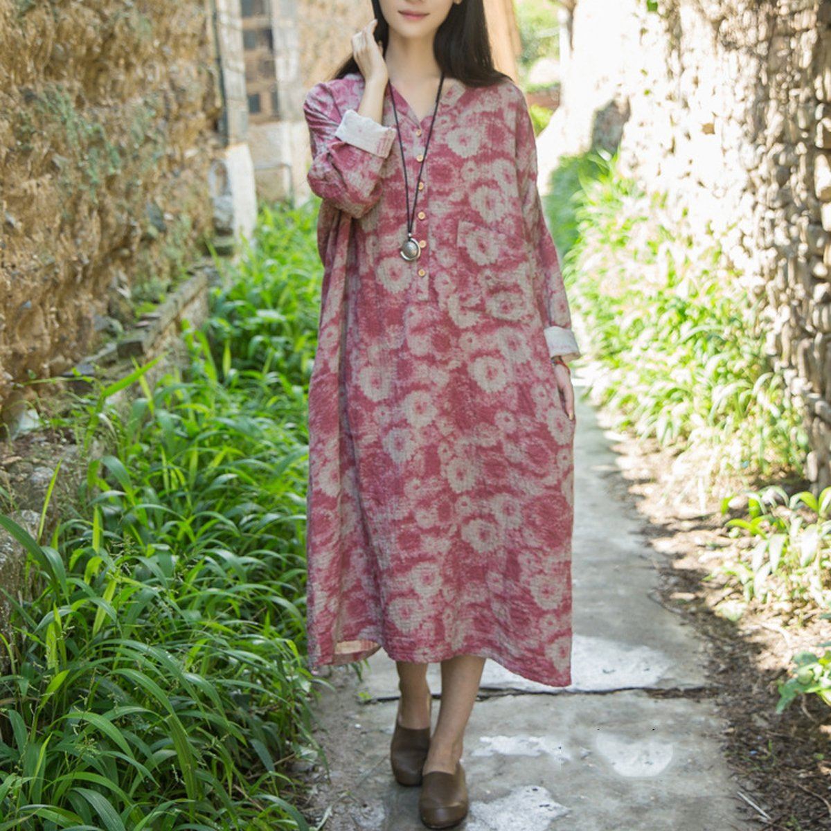 Cotton Linen Casual Loose Fitting Floral Dress Red / Blue - Babakud