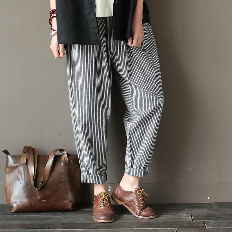 Cotton Linen Casual Loose Striped Pants March-2020-New Arrival One Size Gray 