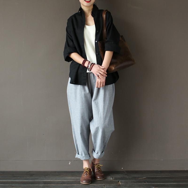 Cotton Linen Casual Loose Striped Pants March-2020-New Arrival One Size Light Blue 