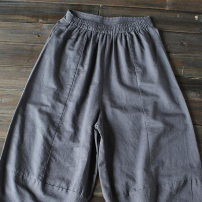 Cotton Linen Elastic Waist Pants With Pockets