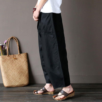 Cotton Linen Elastic Waist Pants With Pockets 2019 April New One Size Black 