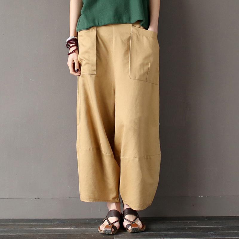 Cotton Linen Elastic Waist Pants With Pockets 2019 April New One Size Coffee 
