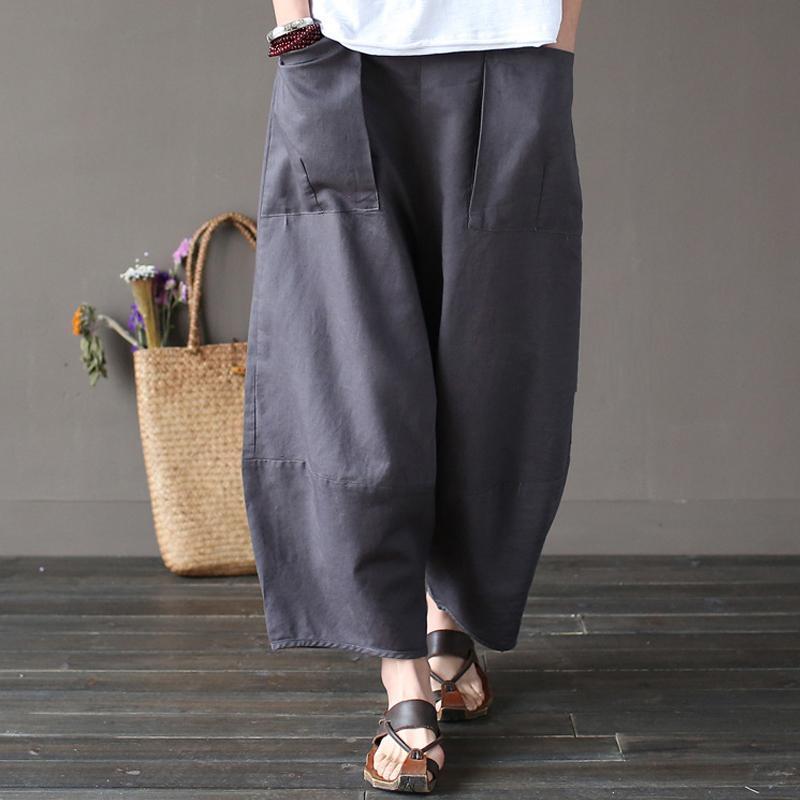 Cotton Linen Elastic Waist Pants With Pockets 2019 April New One Size Gray 