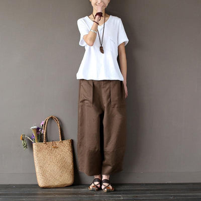 Cotton Linen Elastic Waist Pants With Pockets 2019 April New One Size Khaki 