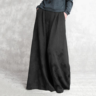 Cotton Linen Jacquard Retro Wide-leg Pants Jan 2021-New Arrival One Size Black 
