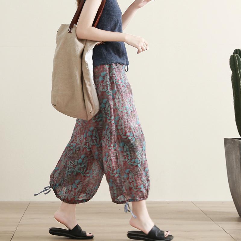 Cotton Linen Loose Printed Cropped Pants