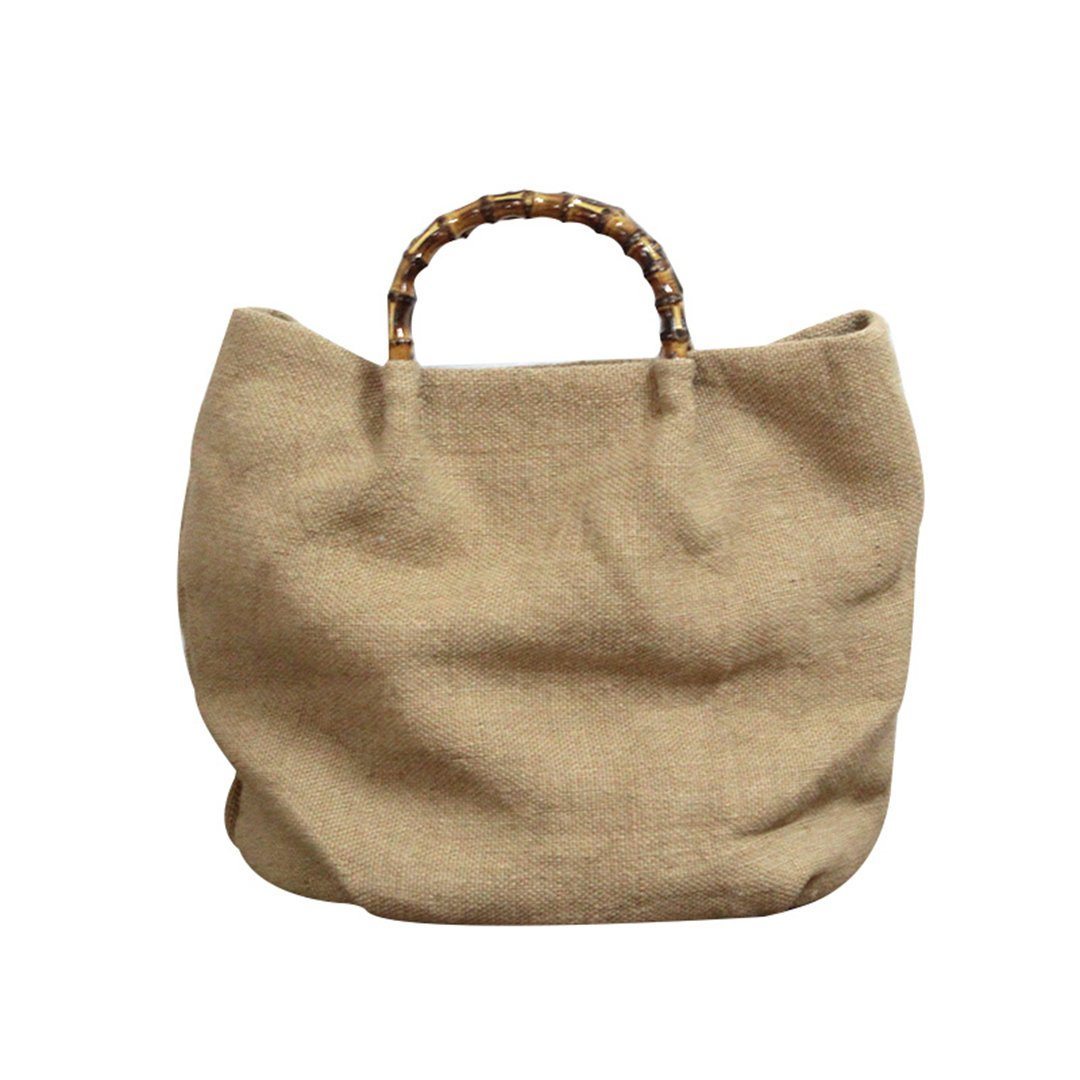 Cotton Linen Simple Bamboo Rattan Handle Casual Bag Crossbody Bag ACCESSORIES 