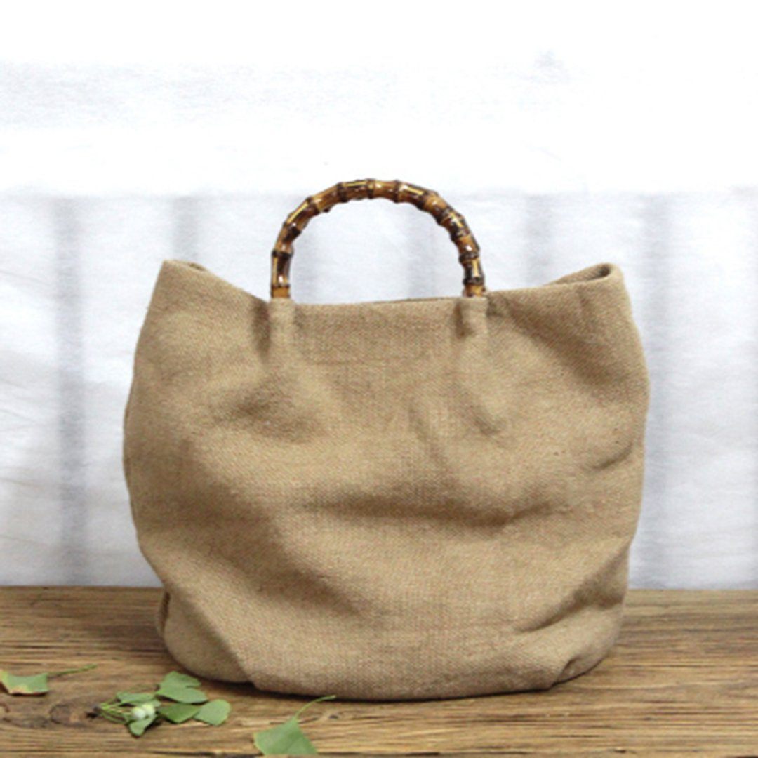 Cotton Linen Simple Bamboo Rattan Handle Casual Bag Crossbody Bag ACCESSORIES Large Khaki 