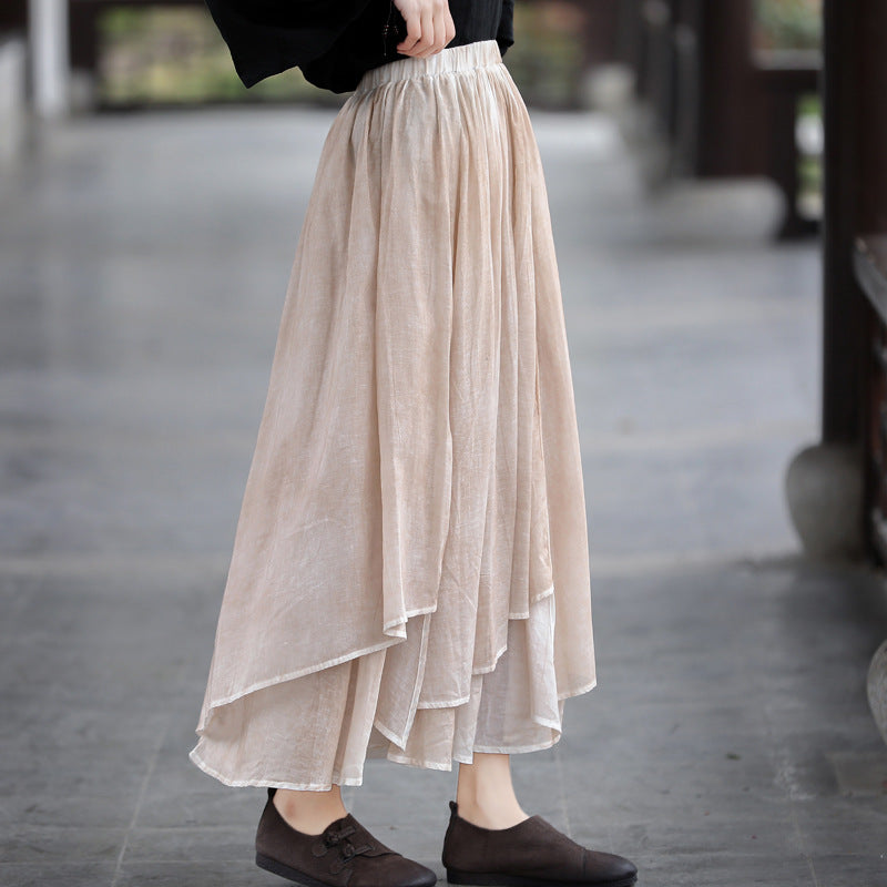 Cotton Linen Summer Solid Patchwork Casual Skirt