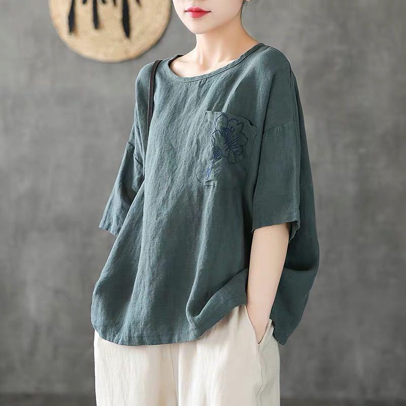 Cotton Linen T-Shirt Short Loose Sleeves May 2021 New-Arrival M Green 